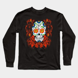 Orange Floral Sugar Skull Day Of The Dead Long Sleeve T-Shirt